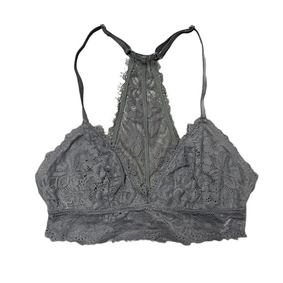 Aerie Bralette Women's Size Small Grey Lace Mesh V-Neck Racerback Bra Crop Top - Picture 1 of 5